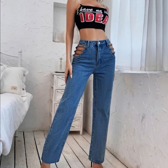 NEW! SOLD OUT! Blue Straight Leg 90’s Y2K Cut Out Jeans with Chains Size 2​ - Picture 1 of 6
